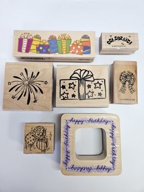 VINTAGE Wood Mounted Rubber Stamp Birthday Celebration Lot Tara Reed Denami